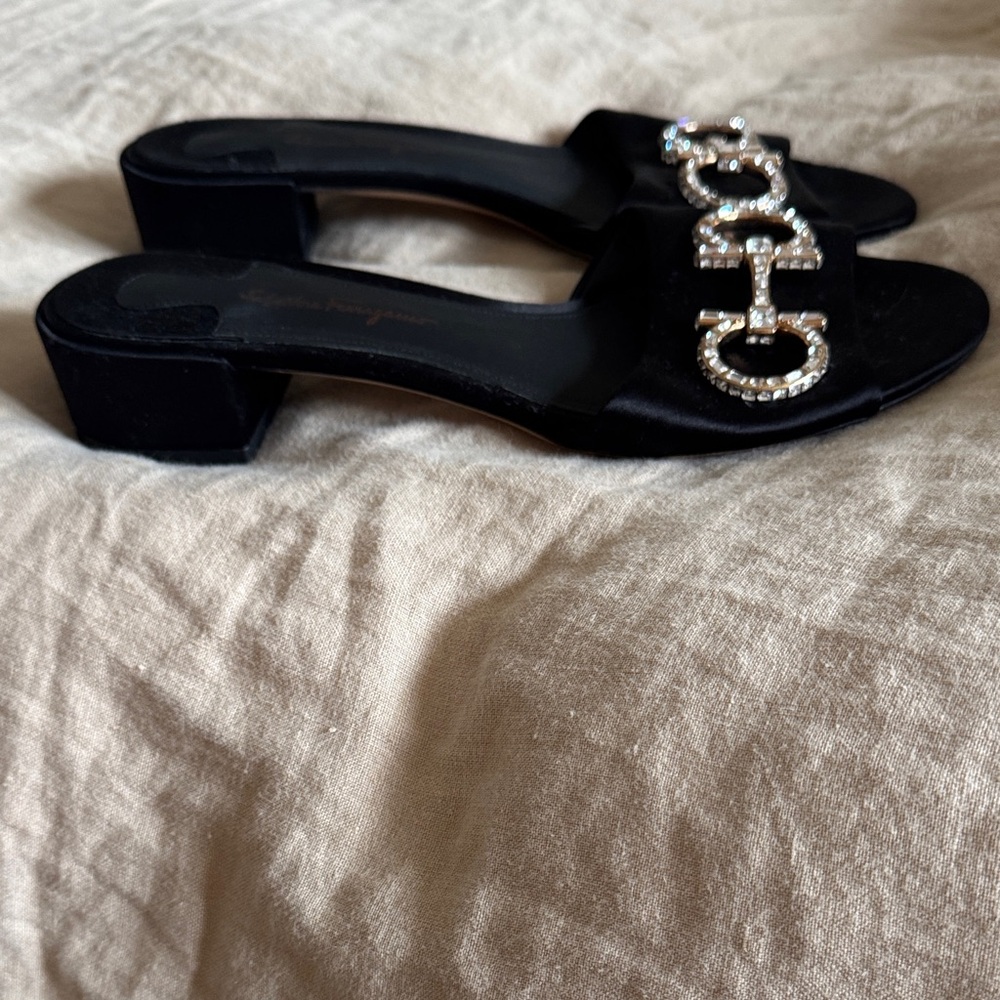 Salvatore Ferragamo Black Satin Crystal-Trim Horsebit Slide Mules - Picture 2 of 5